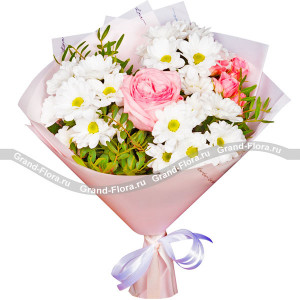 Весенний меланж - букет из роз и хризантем